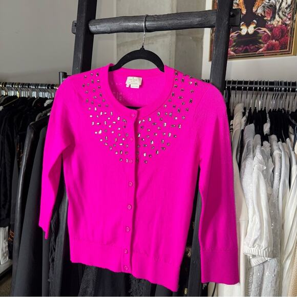 Kate Spade XS Hot Pink Wool Cardigan with Rhinestone Studs - Picture 2 of 7